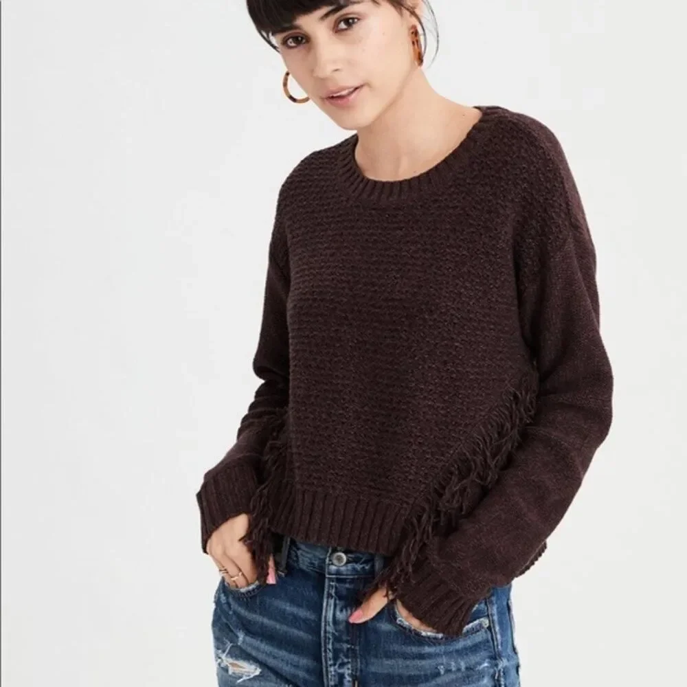 American Eagle Brown Knit Fringe Cropped Sweater Size Woman's Large